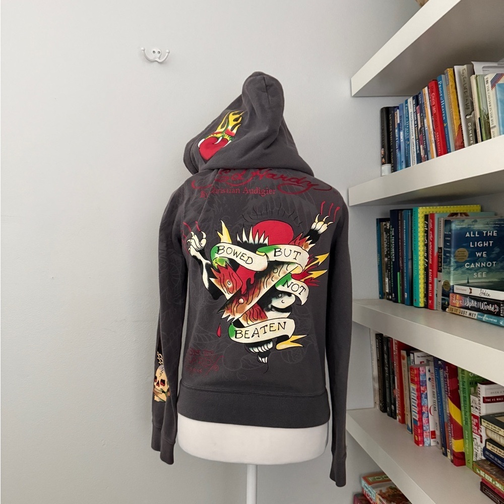 Ed Hardy Y2K Bowed but not Beaten Gray Graphic Hoodie Small Faux Fur Hood